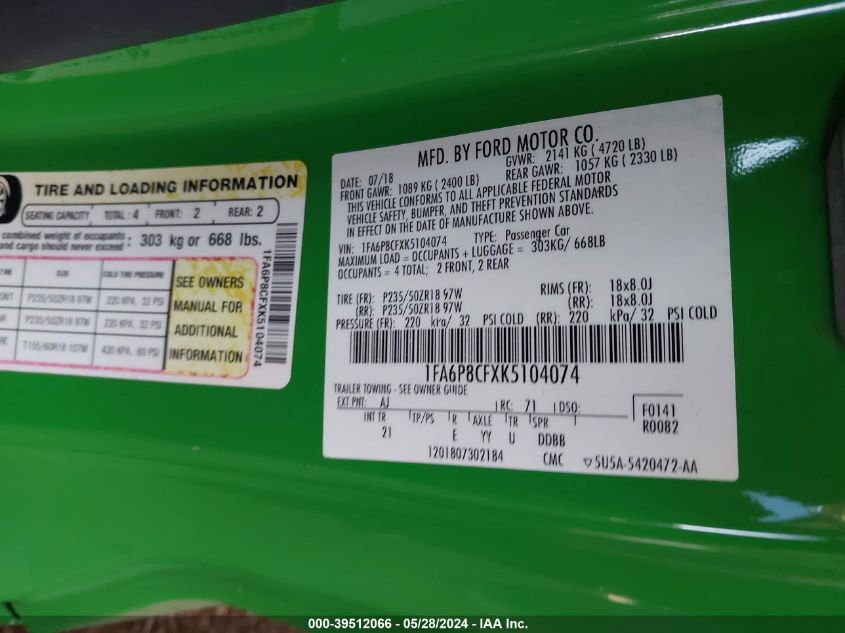 2019 Ford Mustang Gt VIN: 1FA6P8CFXK5104074 Lot: 39512066