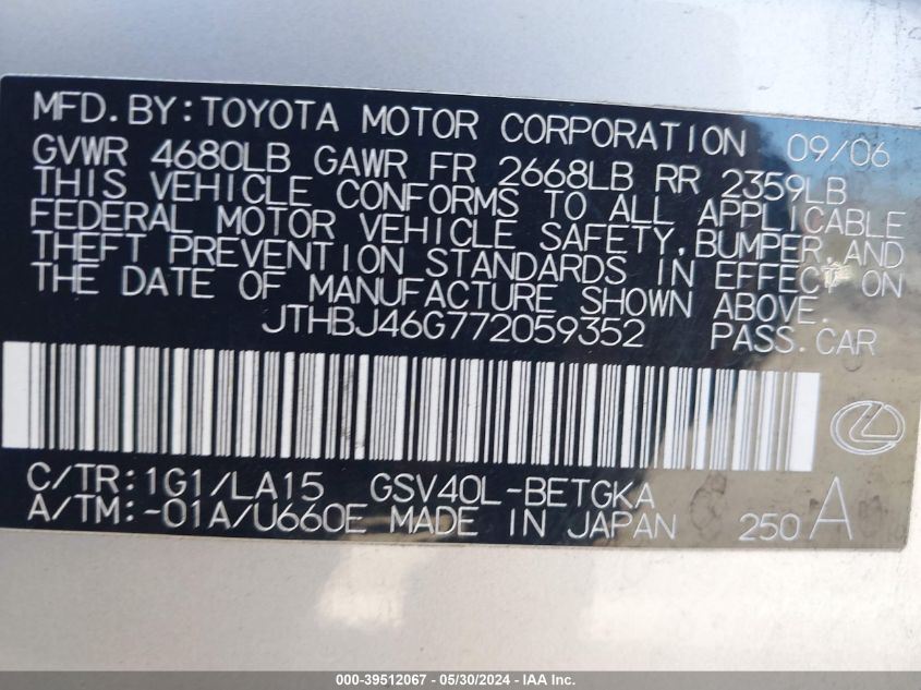 2007 Lexus Es 350 VIN: JTHBJ46G772059352 Lot: 39512067