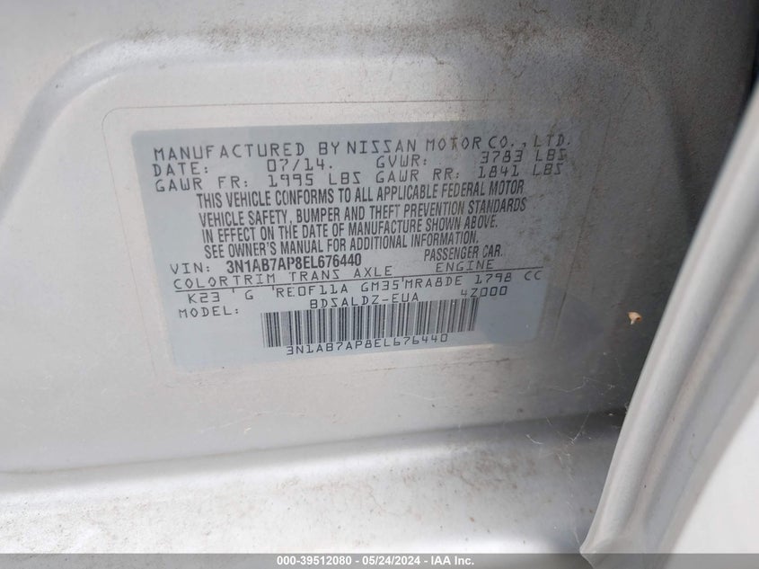 2014 Nissan Sentra Sv VIN: 3N1AB7AP8EL676440 Lot: 39512080