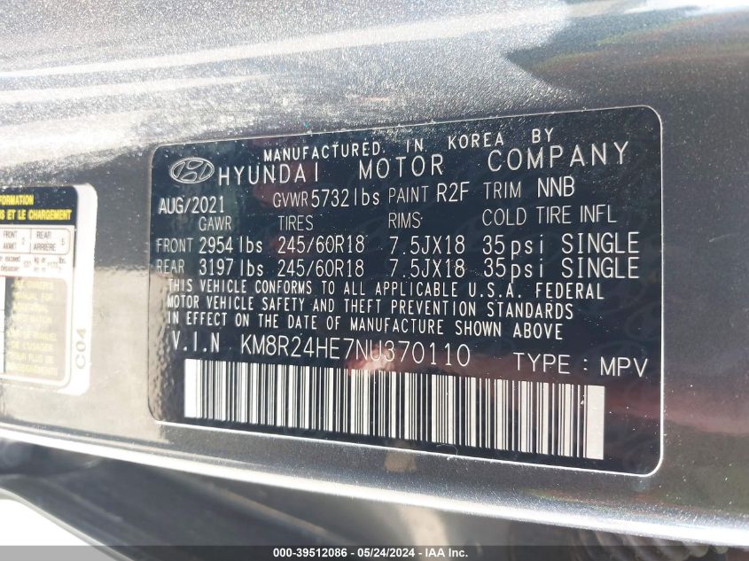 2022 Hyundai Palisade Sel VIN: KM8R24HE7NU370110 Lot: 39512086