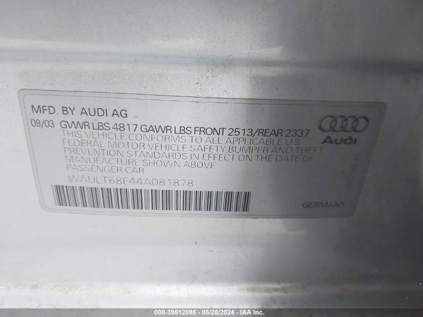 2004 Audi A4 3.0 VIN: WAULT68E44A081878 Lot: 39512095
