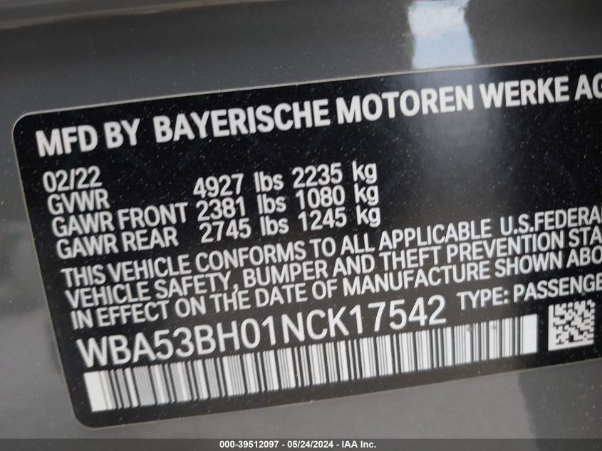 2022 BMW 530 I VIN: WBA53BH01NCK17542 Lot: 39512097