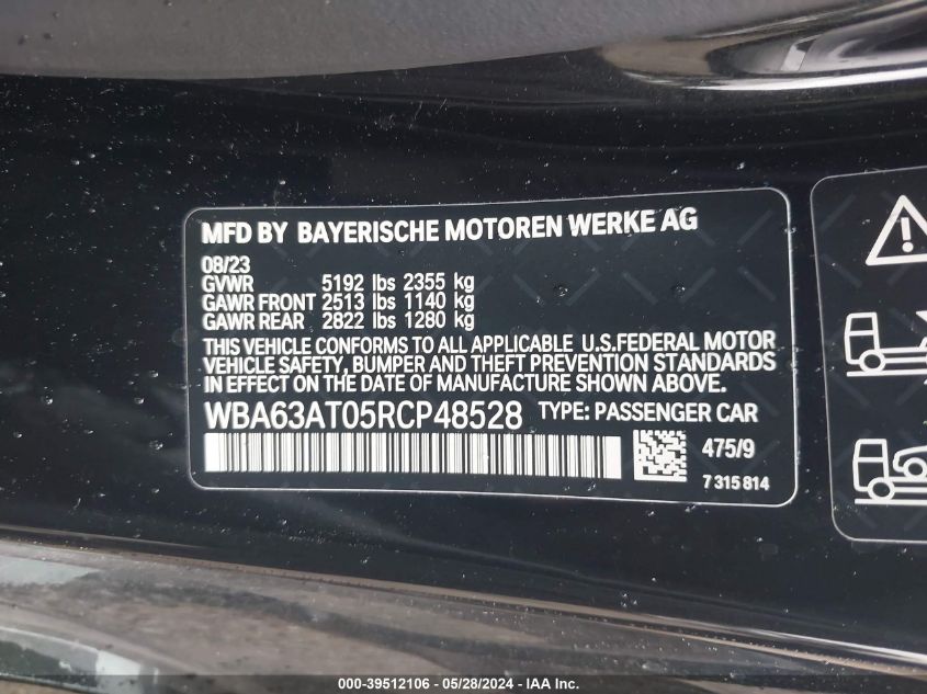 2024 BMW M440I xDrive VIN: WBA63AT05RCP48528 Lot: 39512106