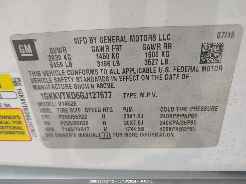 2016 GMC Acadia Denali VIN: 1GKKVTKD6GJ127677 Lot: 39512112