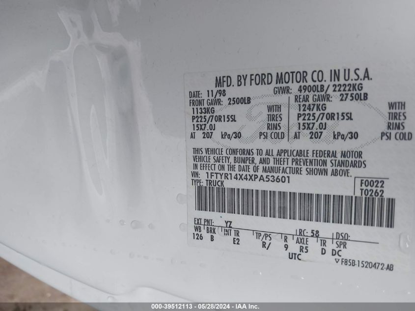 1999 Ford Ranger Xlt VIN: 1FTYR14X4XPA53601 Lot: 39512113