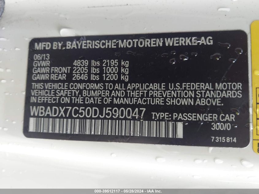 2013 BMW 335I VIN: WBADX7C50DJ590047 Lot: 39512117
