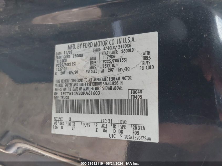 2003 Ford Ranger Edge/Tremor/Xl/Xlt VIN: 1FTYR14V33PA61603 Lot: 39512119