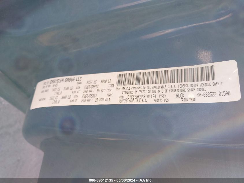 2010 Dodge Dakota Bighorn/Lonestar VIN: 1D7CE3BK0AS104174 Lot: 39512135