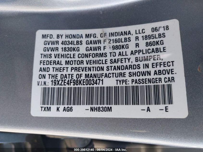 2019 Honda Insight Touring VIN: 19XZE4F98KE003471 Lot: 39512140