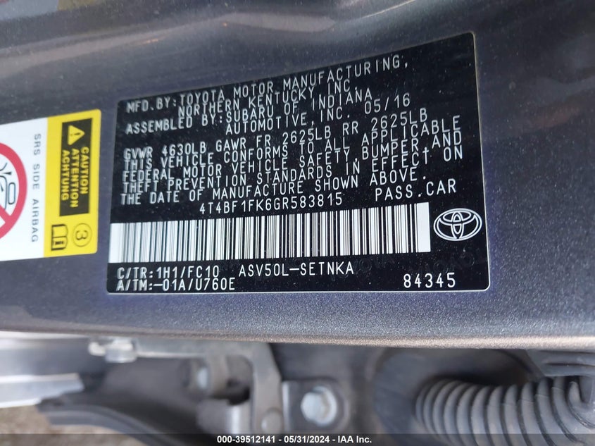 2016 Toyota Camry Le VIN: 4T4BF1FK6GR583815 Lot: 39512141