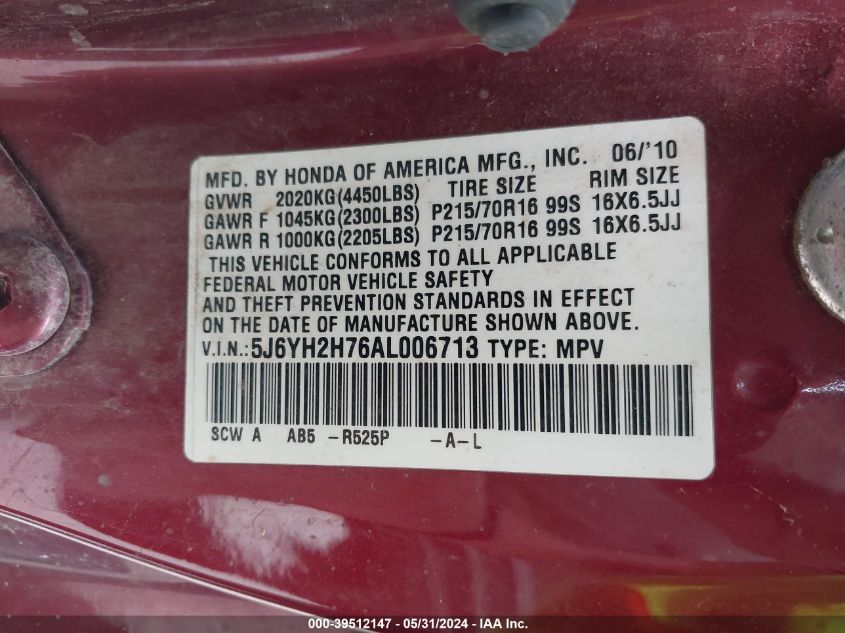 2010 Honda Element Ex VIN: 5J6YH2H76AL006713 Lot: 39512147