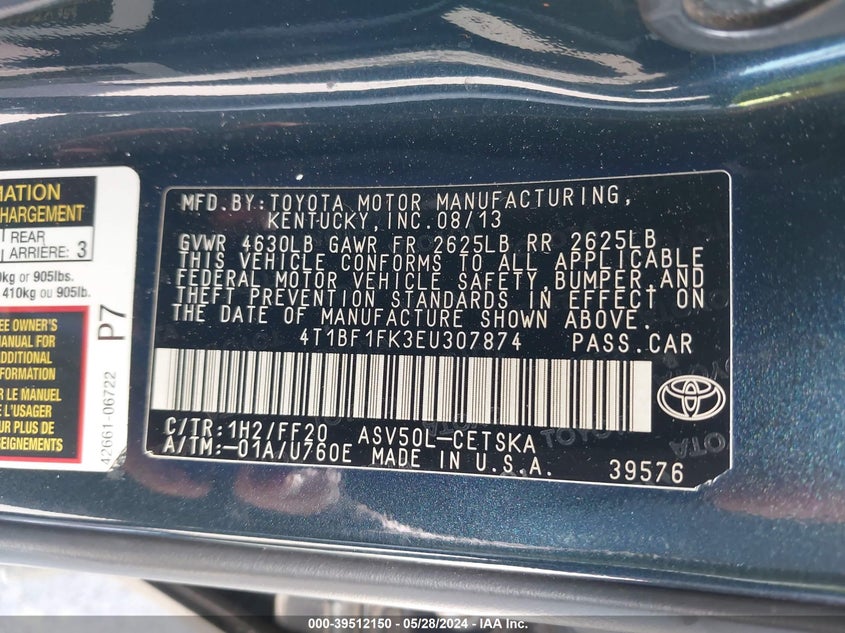 2014 Toyota Camry L/Le/Se/Se Sport/Xle VIN: 4T1BF1FK3EU307874 Lot: 39512150