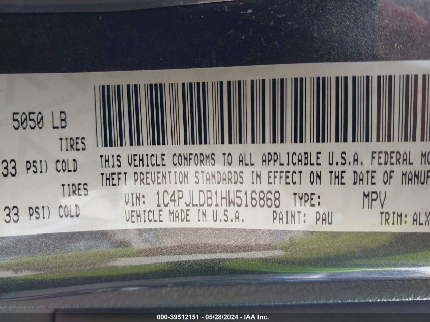 2017 Jeep Cherokee High Altitude Fwd VIN: 1C4PJLDB1HW516868 Lot: 39512151