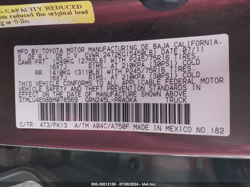 2011 Toyota Tacoma Base V6 VIN: 3TMLU4EN8BM078569 Lot: 39512158