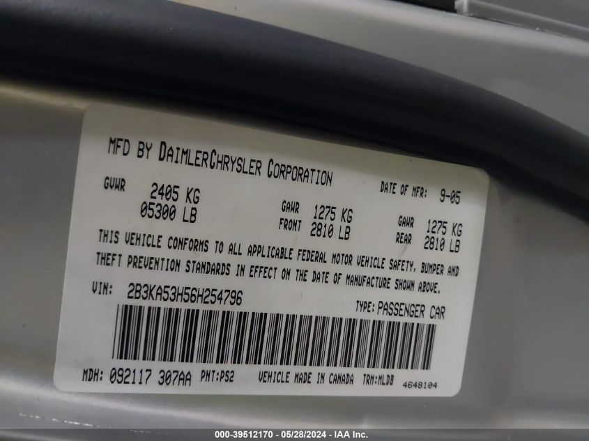 2006 Dodge Charger Rt VIN: 2B3KA53H56H254796 Lot: 39512170
