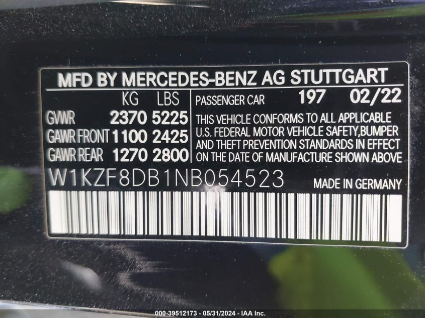 2022 Mercedes-Benz E 350 VIN: W1KZF8DB1NB054523 Lot: 39512173