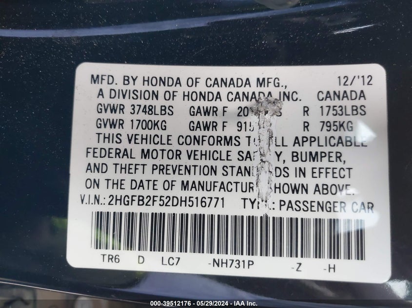 2013 Honda Civic Lx VIN: 2HGFB2F52DH516771 Lot: 39512176