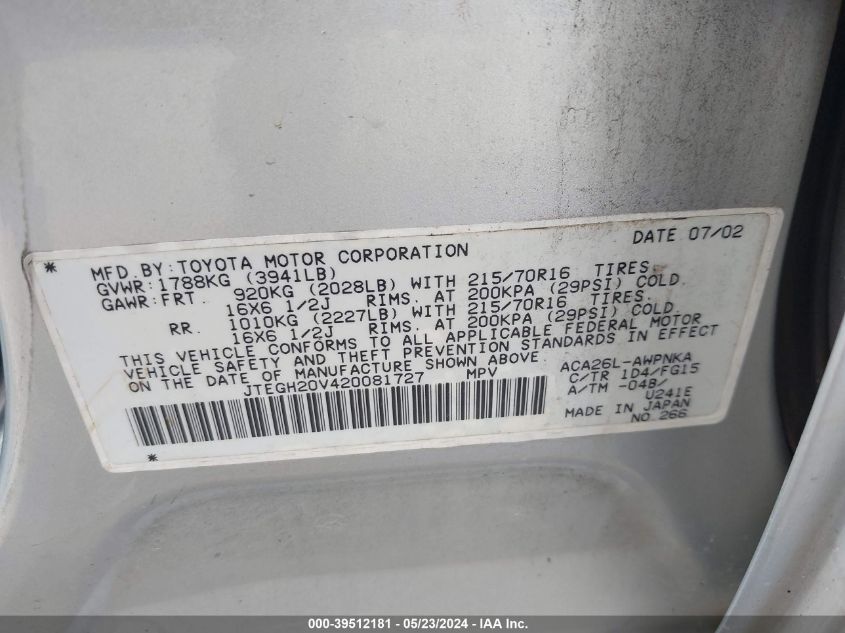 2002 Toyota Rav4 VIN: JTEGH20V420081727 Lot: 39512181