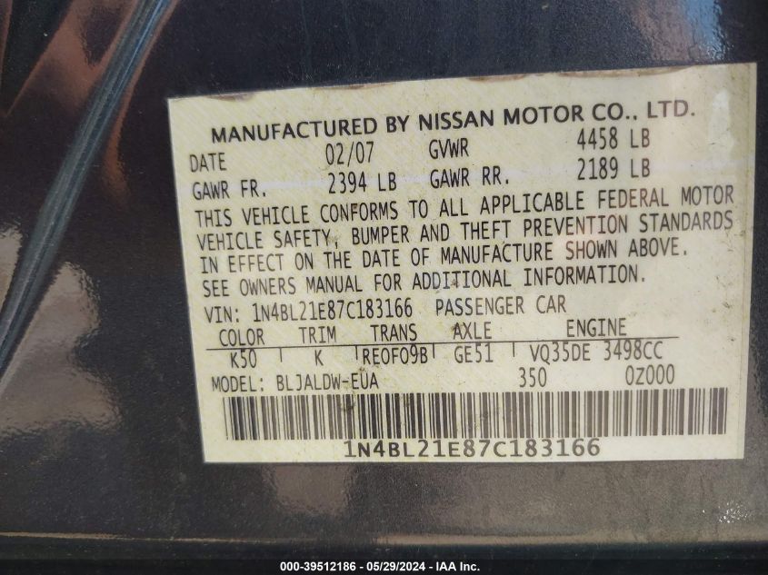 2007 Nissan Altima 3.5 Se VIN: 1N4BL21E87C183166 Lot: 39512186
