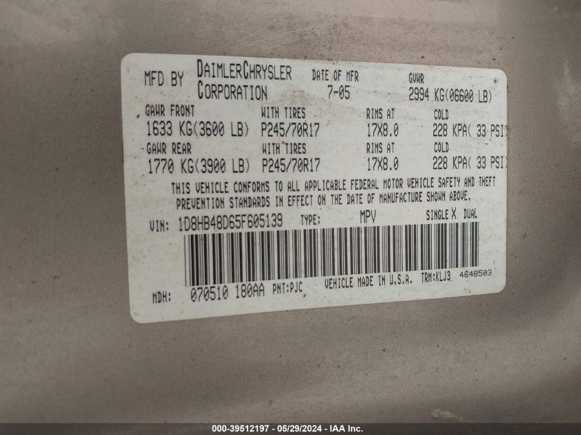 2005 Dodge Durango Slt VIN: 1D8HB48D65F605139 Lot: 39512197
