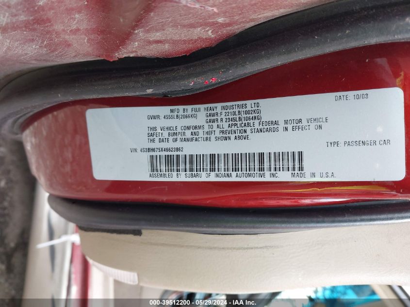 2004 Subaru Outback VIN: 4S3BH675X46623862 Lot: 39512200