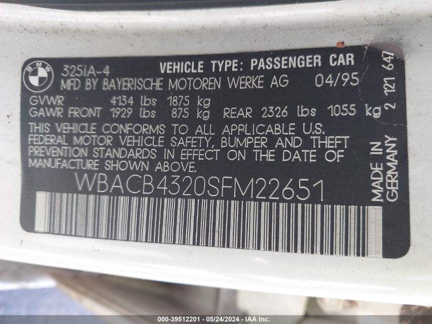 1995 BMW 325 I Automatic VIN: WBACB4320SFM22651 Lot: 39512201