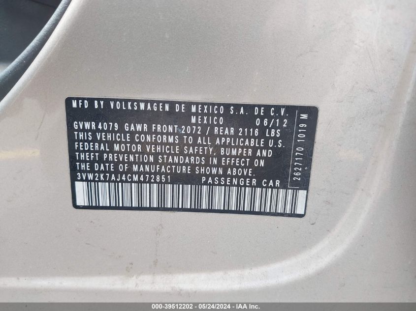 2012 Volkswagen Jetta 2.0L S VIN: 3VW2K7AJ4CM472851 Lot: 39512202
