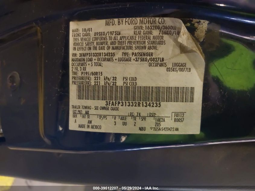 2002 Ford Focus Zx3 VIN: 3FAFP31332R134235 Lot: 39512207