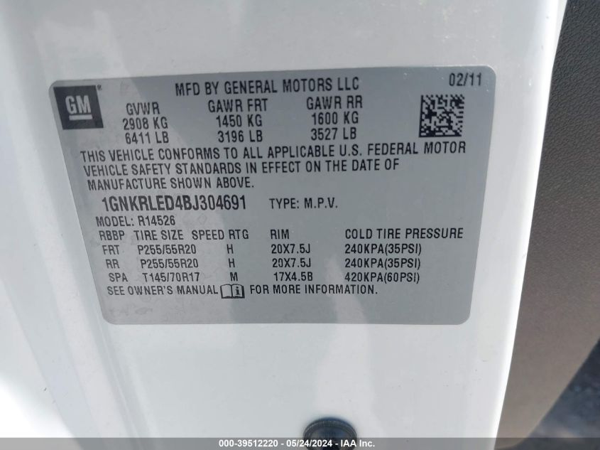 2011 Chevrolet Traverse Ltz VIN: 1GNKRLED4BJ304691 Lot: 39512220