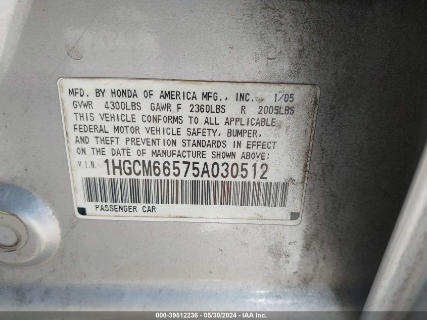 2005 Honda Accord 3.0 Ex VIN: 1HGCM66575A030512 Lot: 39512236
