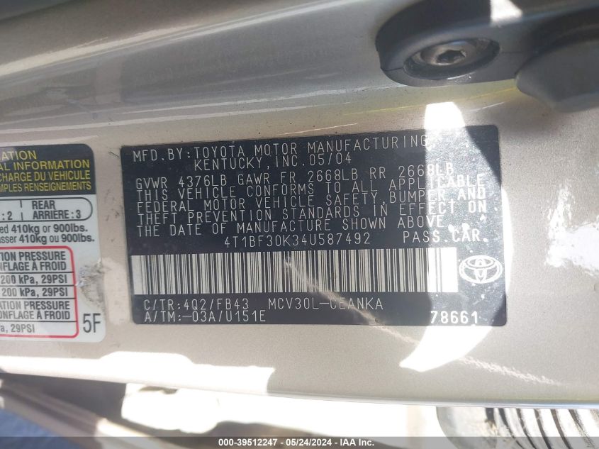 2004 Toyota Camry Le/Xle/Se VIN: 4T1BF30K34U587492 Lot: 39512247