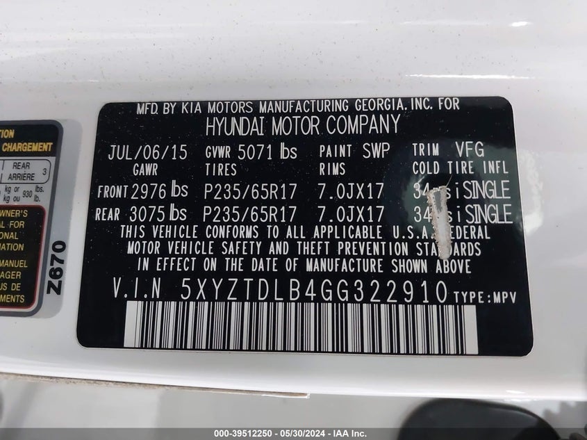 2016 Hyundai Santa Fe Sport 2.4L VIN: 5XYZTDLB4GG322910 Lot: 39512250