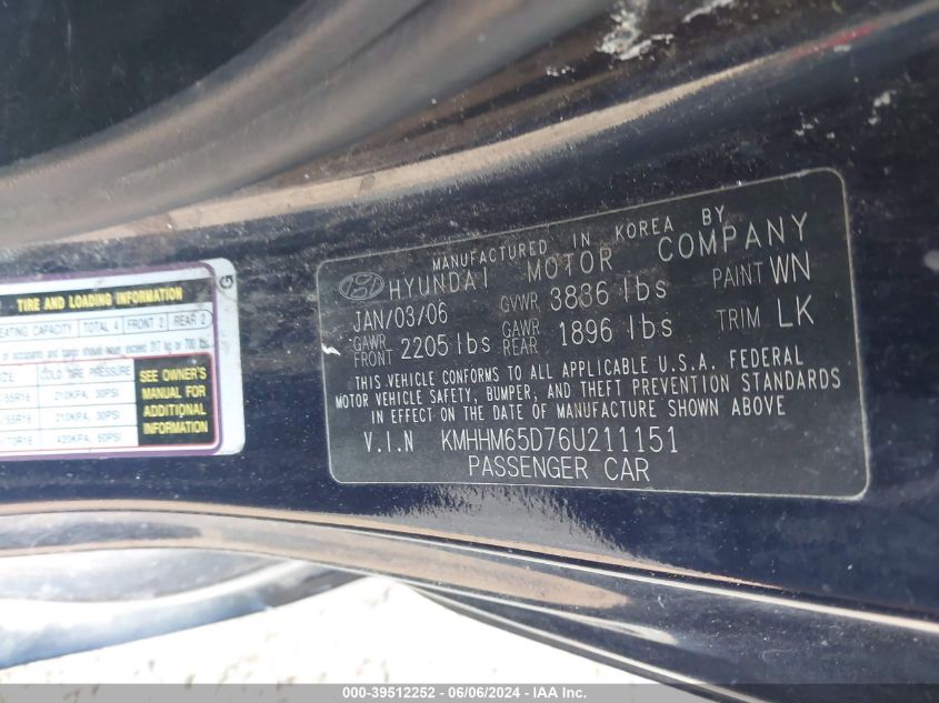 2006 Hyundai Tiburon Gs VIN: KMHHM65D76U211151 Lot: 39512252