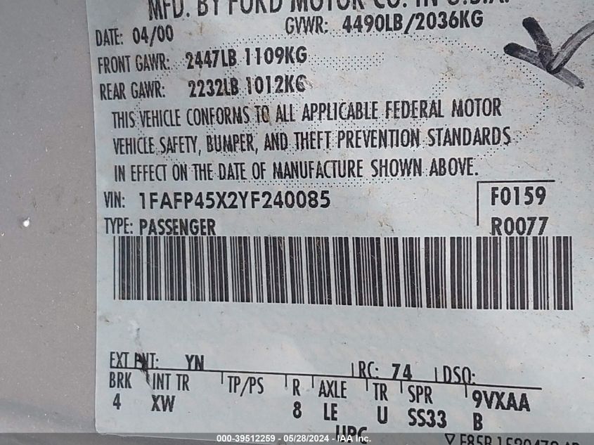 2000 Ford Mustang Gt VIN: 1FAFP45X2YF240085 Lot: 39512259