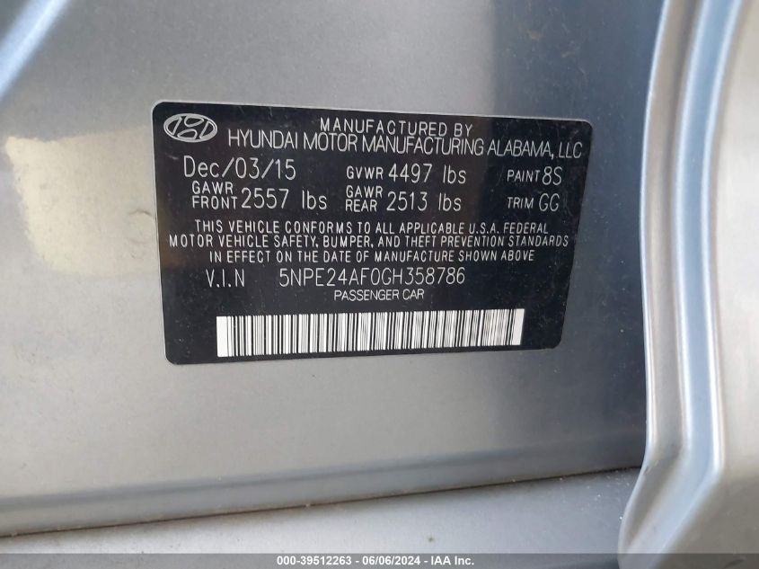 2016 Hyundai Sonata Se VIN: 5NPE24AF0GH358786 Lot: 39512263