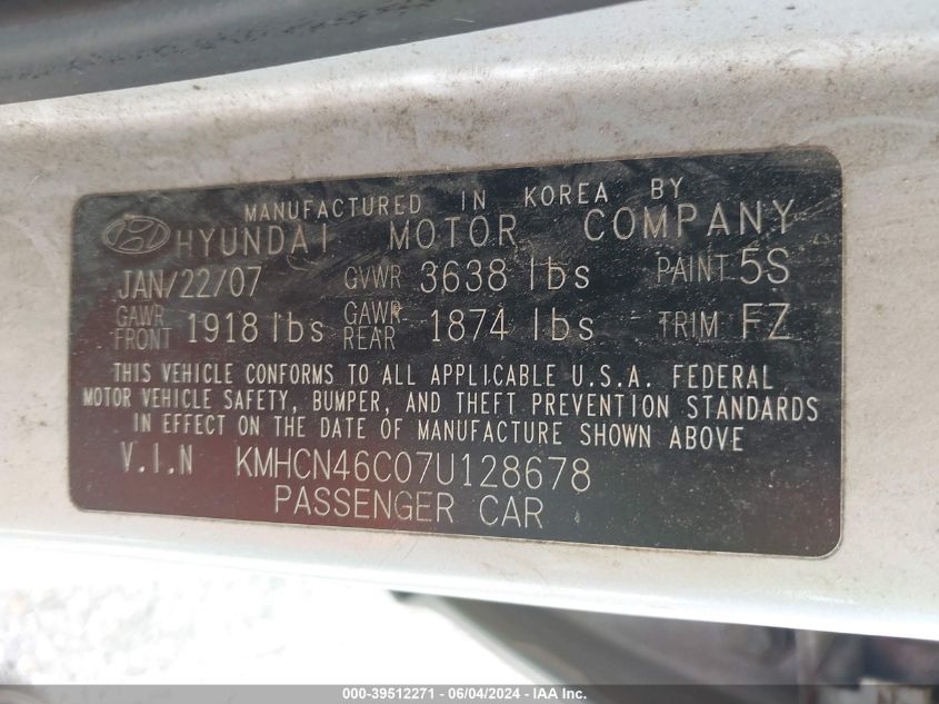2007 Hyundai Accent Gls VIN: KMHCN46C07U128678 Lot: 39512271