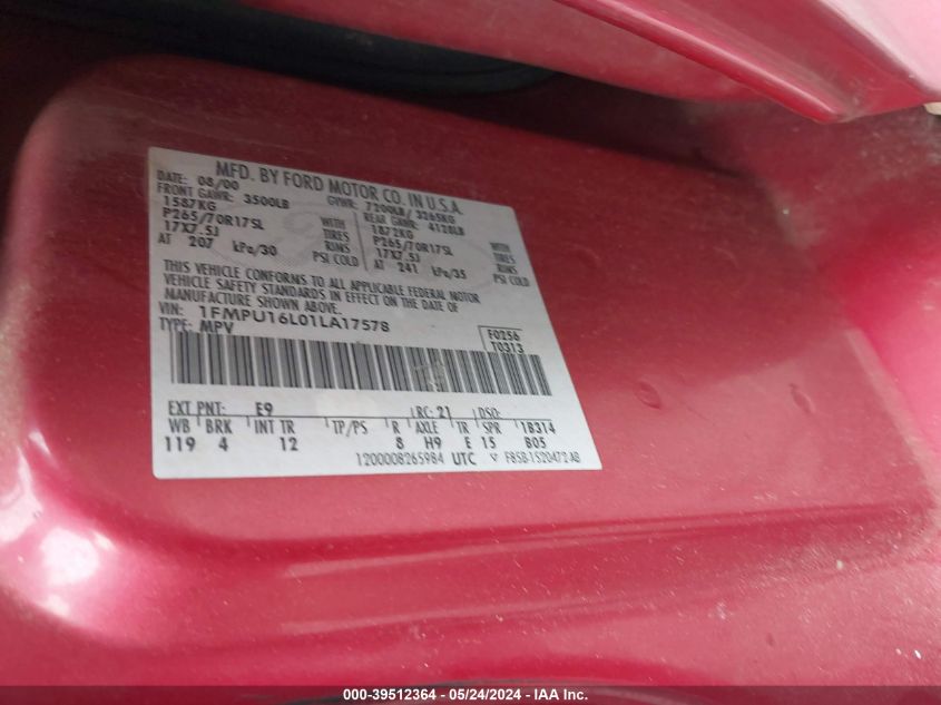 2001 Ford Expedition Xlt VIN: 1FMPU16L01LA17578 Lot: 39512364