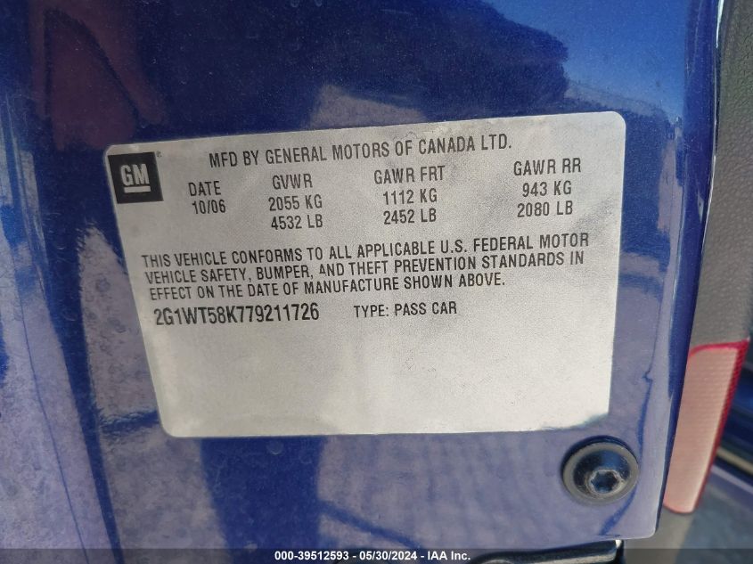 2007 Chevrolet Impala Lt VIN: 2G1WT58K779211726 Lot: 39512593