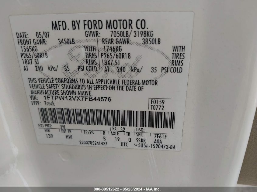 2007 Ford F-150 Lariat/Xlt VIN: 1FTPW12VX7FB44576 Lot: 39512622