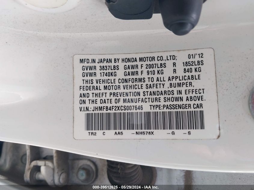 2012 Honda Civic Hybrid VIN: JHMFB4F2XCS007646 Lot: 39512625