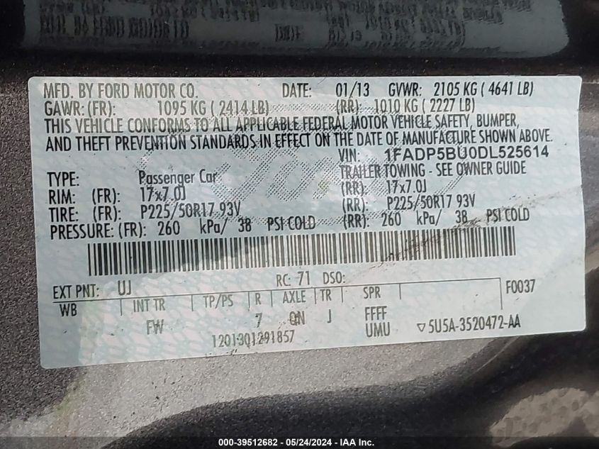 2013 Ford C-Max Hybrid Sel VIN: 1FADP5BU0DL525614 Lot: 39512682