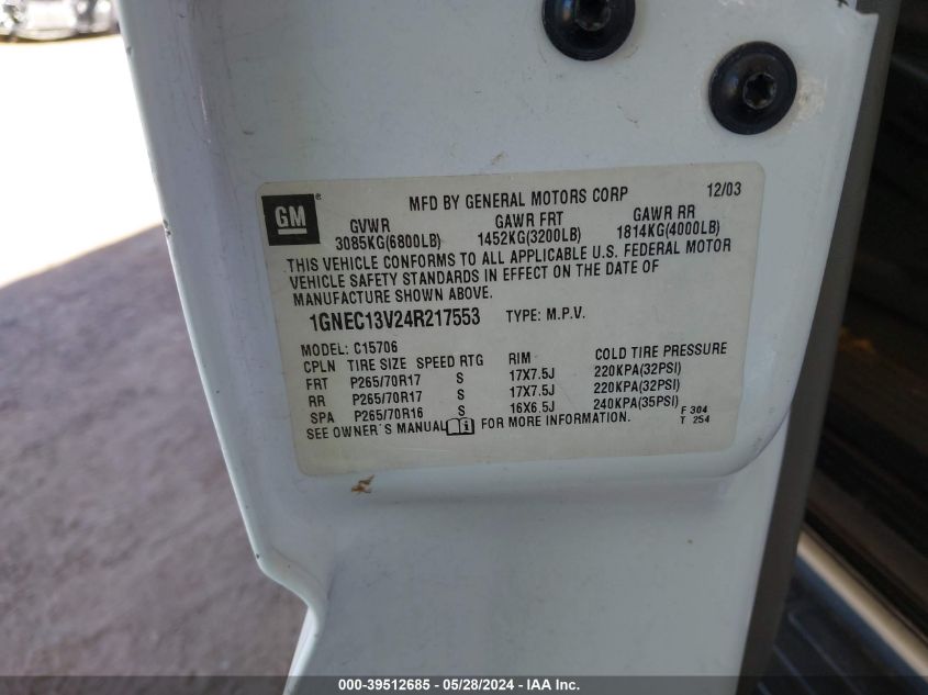 2004 Chevrolet Tahoe Ls VIN: 1GNEC13V24R217553 Lot: 39512685