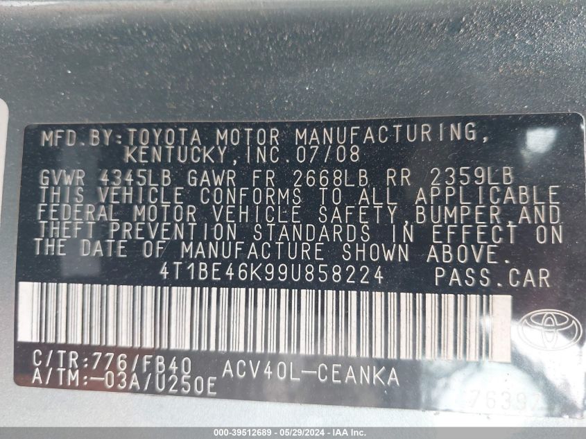 2009 Toyota Camry Le VIN: 4T1BE46K99U858224 Lot: 39512689