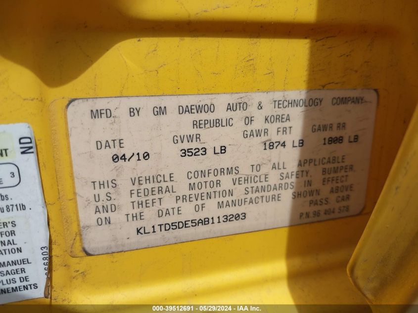 2010 Chevrolet Aveo Lt VIN: KL1TD5DE5AB113203 Lot: 39512691