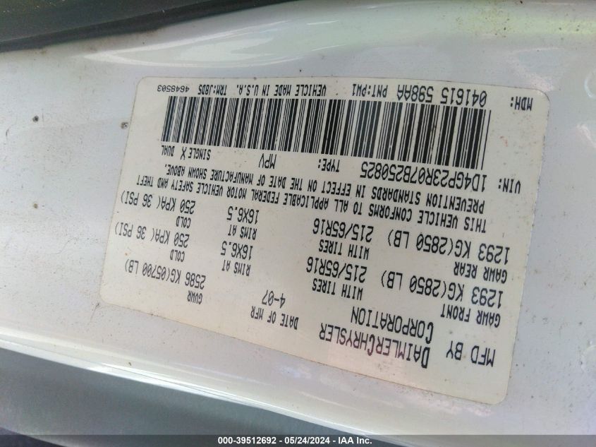 2007 Dodge Grand Caravan Cv VIN: 1D4GP23R07B250825 Lot: 39512692