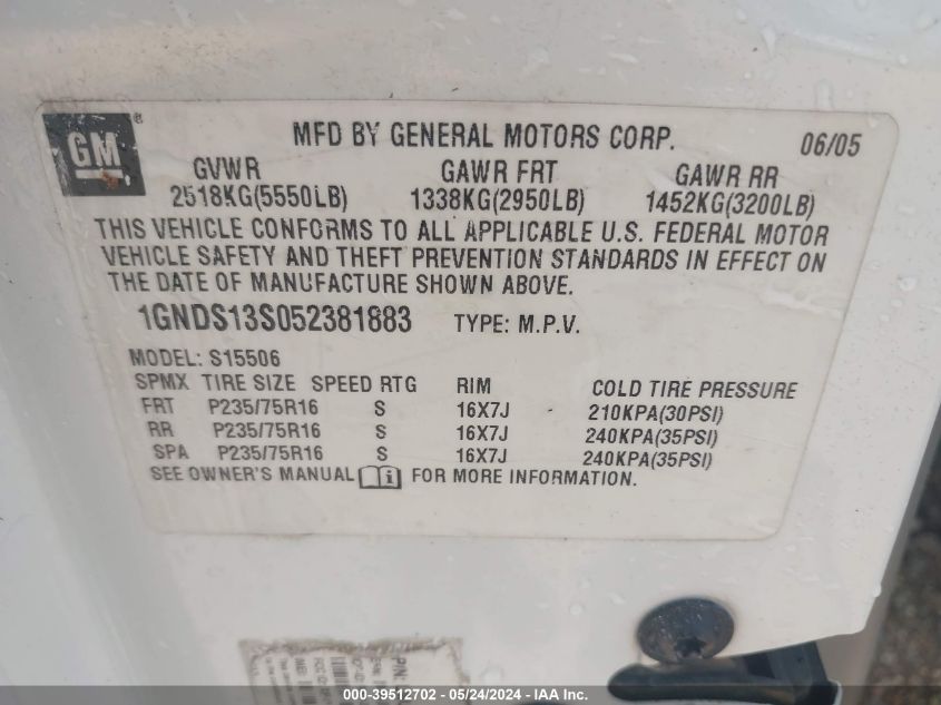 2005 Chevrolet Trailblazer Ls VIN: 1GNDS13S052381883 Lot: 39512702