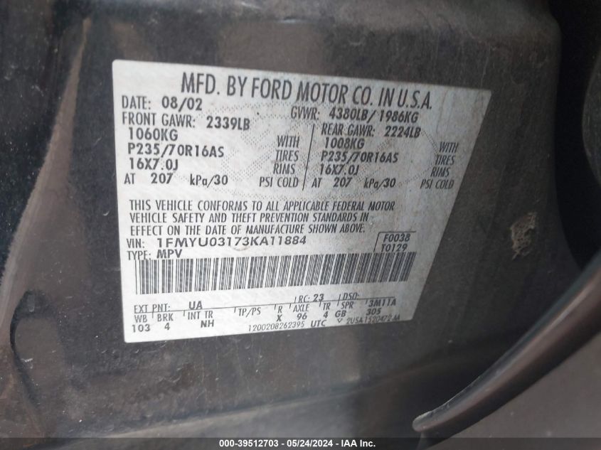 2003 Ford Escape Xlt VIN: 1FMYU03173KA11884 Lot: 39512703