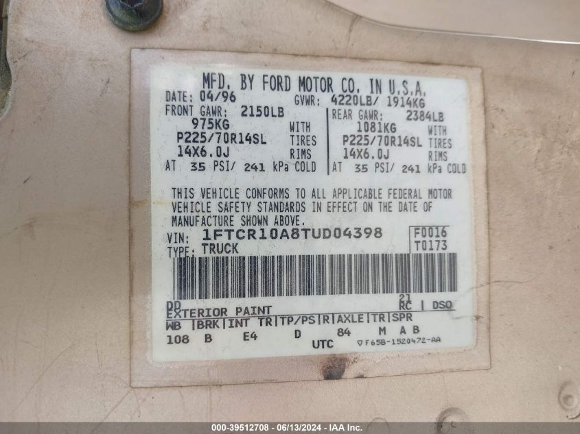 2004 Ford Ranger Xl/Xlt VIN: 1FTYR10D74PB49309 Lot: 39512708