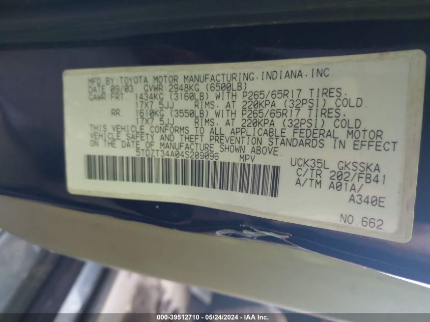 2004 Toyota Sequoia Sr5 V8 VIN: 5TDZT34A04S209096 Lot: 39512710