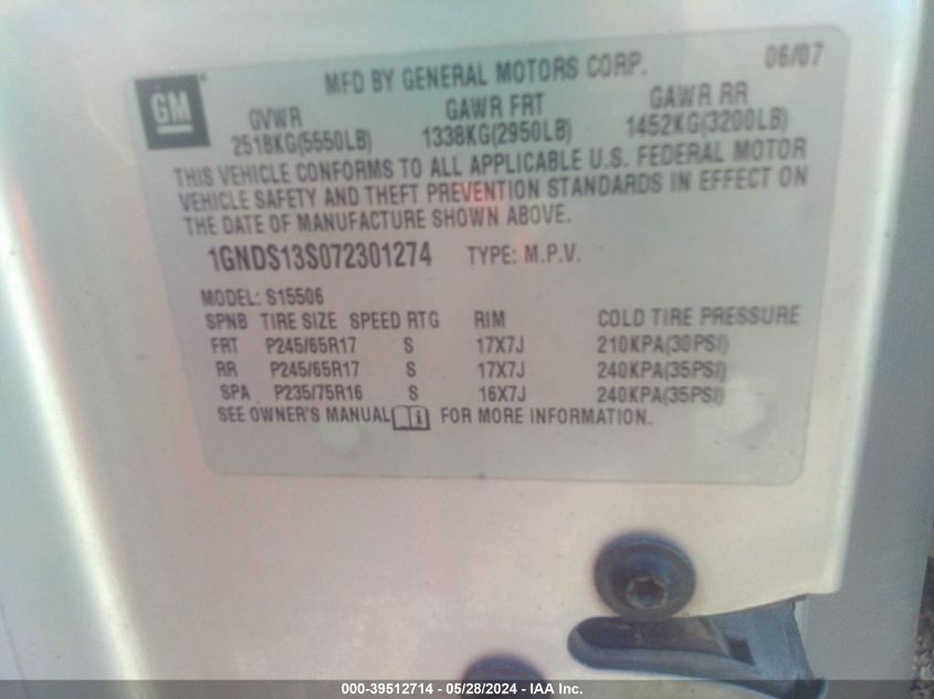 2007 Chevrolet Trailblazer Ls VIN: 1GNDS13S072301274 Lot: 39512714